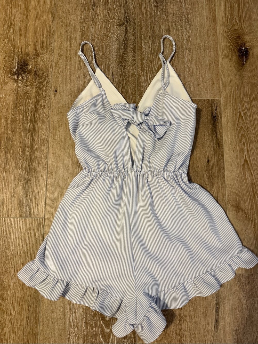 FAVLUX Light Blue Striped V-Neck Ruffle Romper